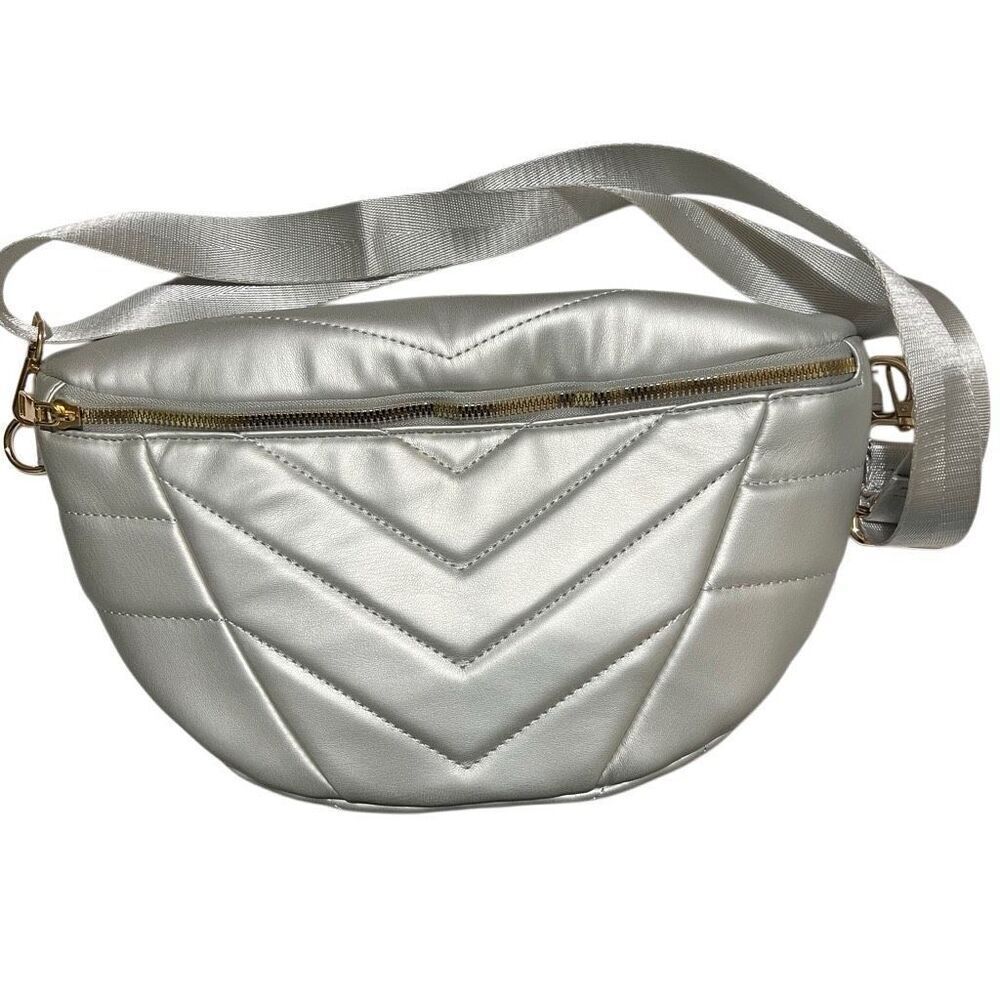 New XL Quilted Chevron Waist bag FannyPack Metallic Silver unisex vegan leather